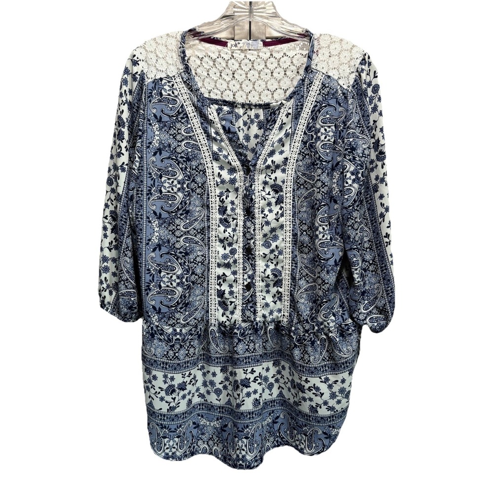 Jolt Blue/Wh Paisley Chiffon/Lace Blouse Size M 3/4 Sleeve V Neck Slits Buttons